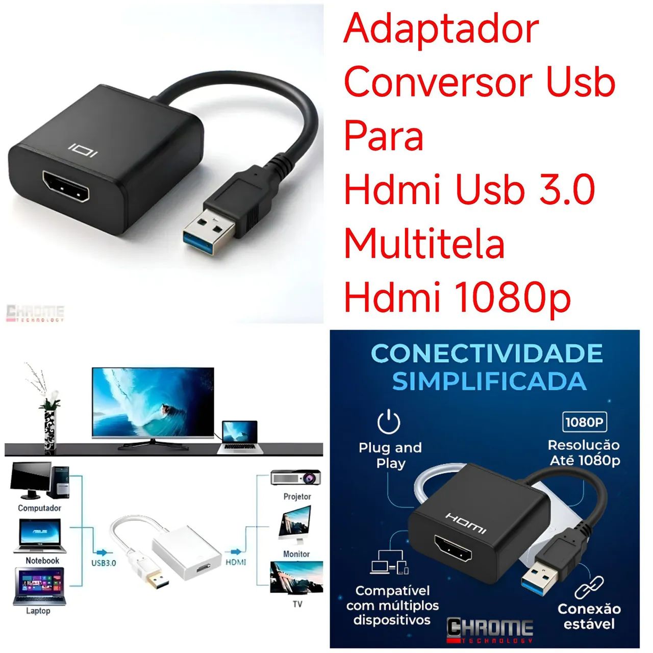 Adaptador Conversor Usb Para Hdmi Usb 3.0 Multitela Hdmi 1080p