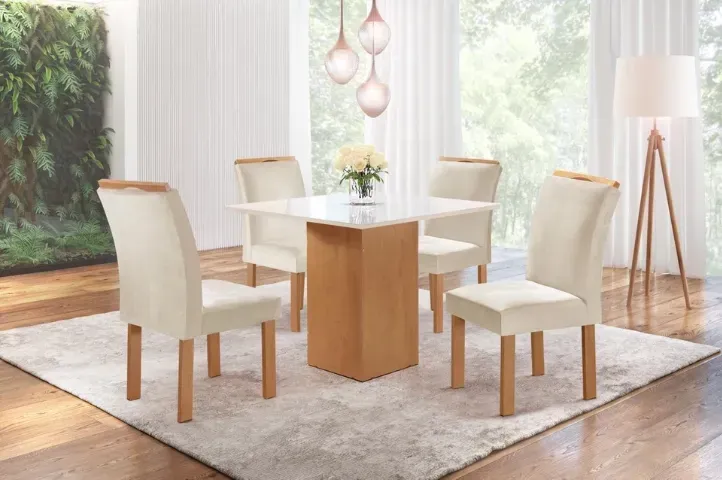 Conjunto de Mesa de Jantar Dakota 90x90cm Tampo de Vidro com 4 Cadeiras
