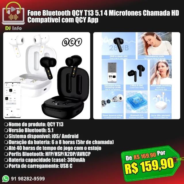 Fone Bluetooth QCY T13 5.1 4 Microfones Chamada HD Compatível com QCY App