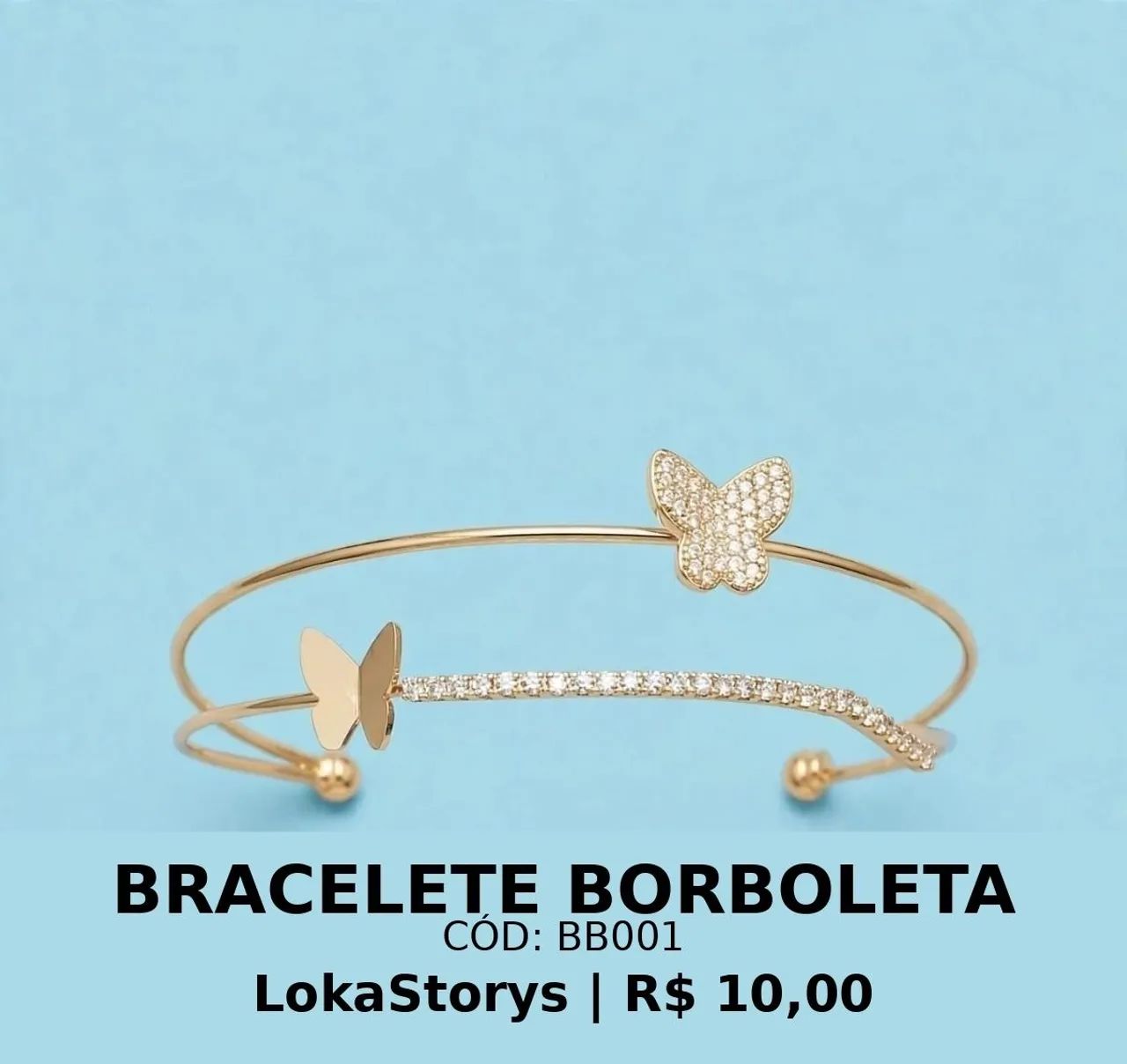 Bracelete com borboleta e coração e strass