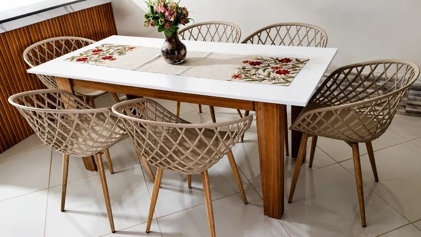 Mesa de jantar quadrada de seis lugares com cadeiras