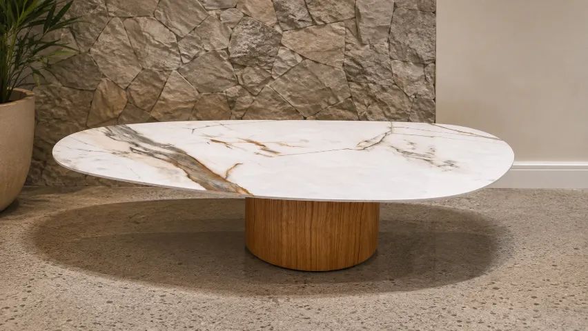 Mesa de Centro Orgânica com Tampo Marmorizado e Base em Madeira - Foto 2