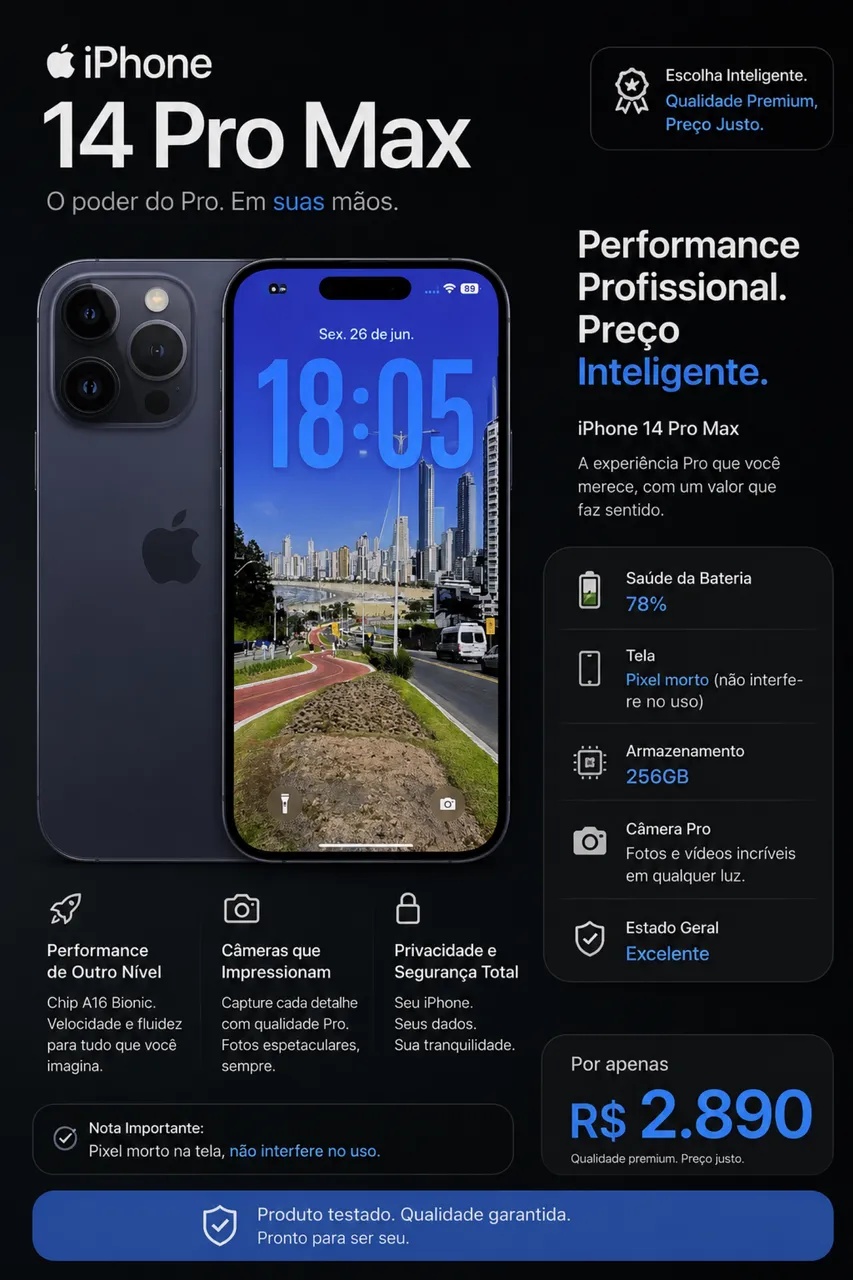 iPhone 14 Pro Max 256GB Preto - Saúde da bateria 100%! Com