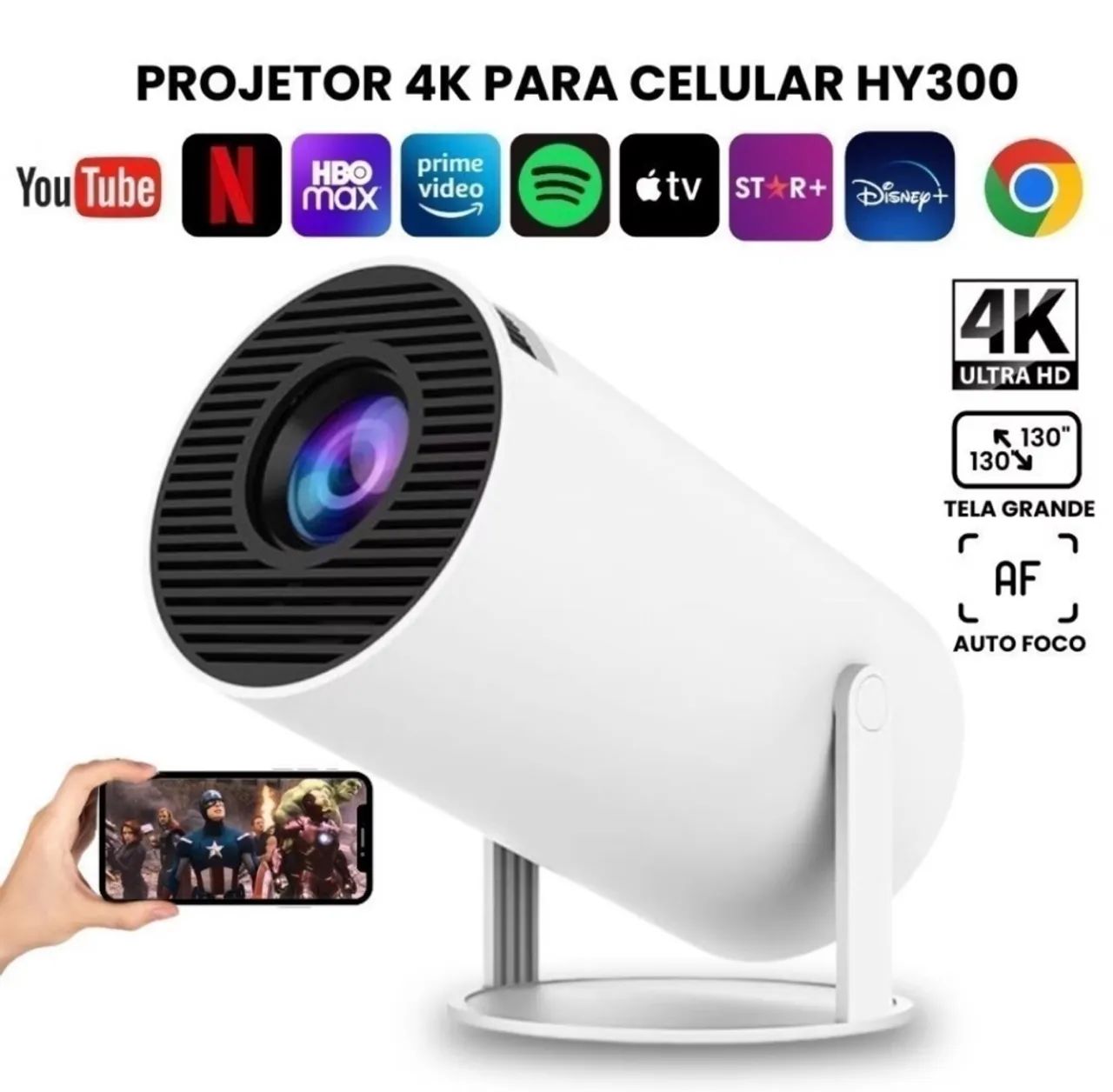 Projetor 4K HD 150 Polegadas Celular, Tv B0x, Xbox, PS, Pc,