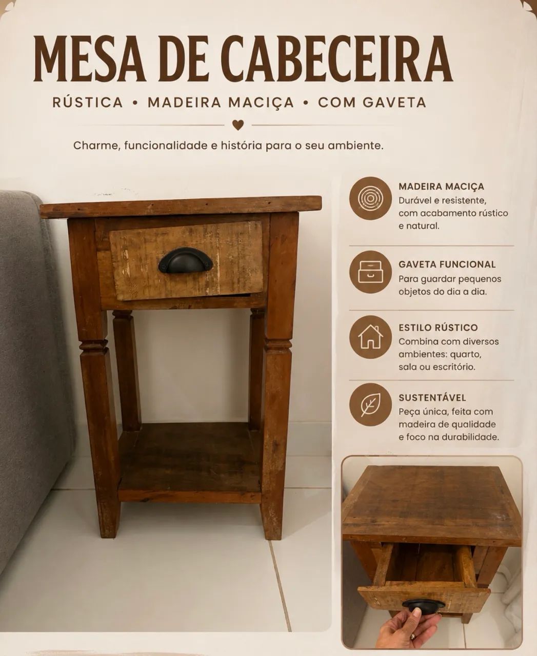 Mesa de Cabeceira Madeira Maciça  - Foto 5