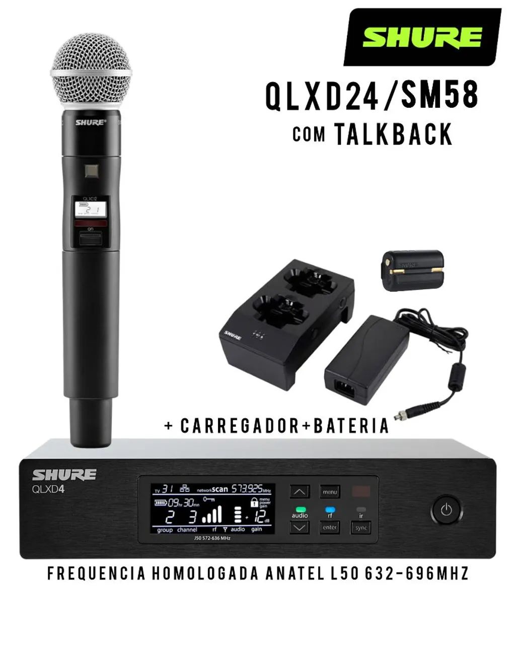 Microfone Sem Fio Profissional SHURE SLXD24/SM58 TalkBack + Bateria + Carregador