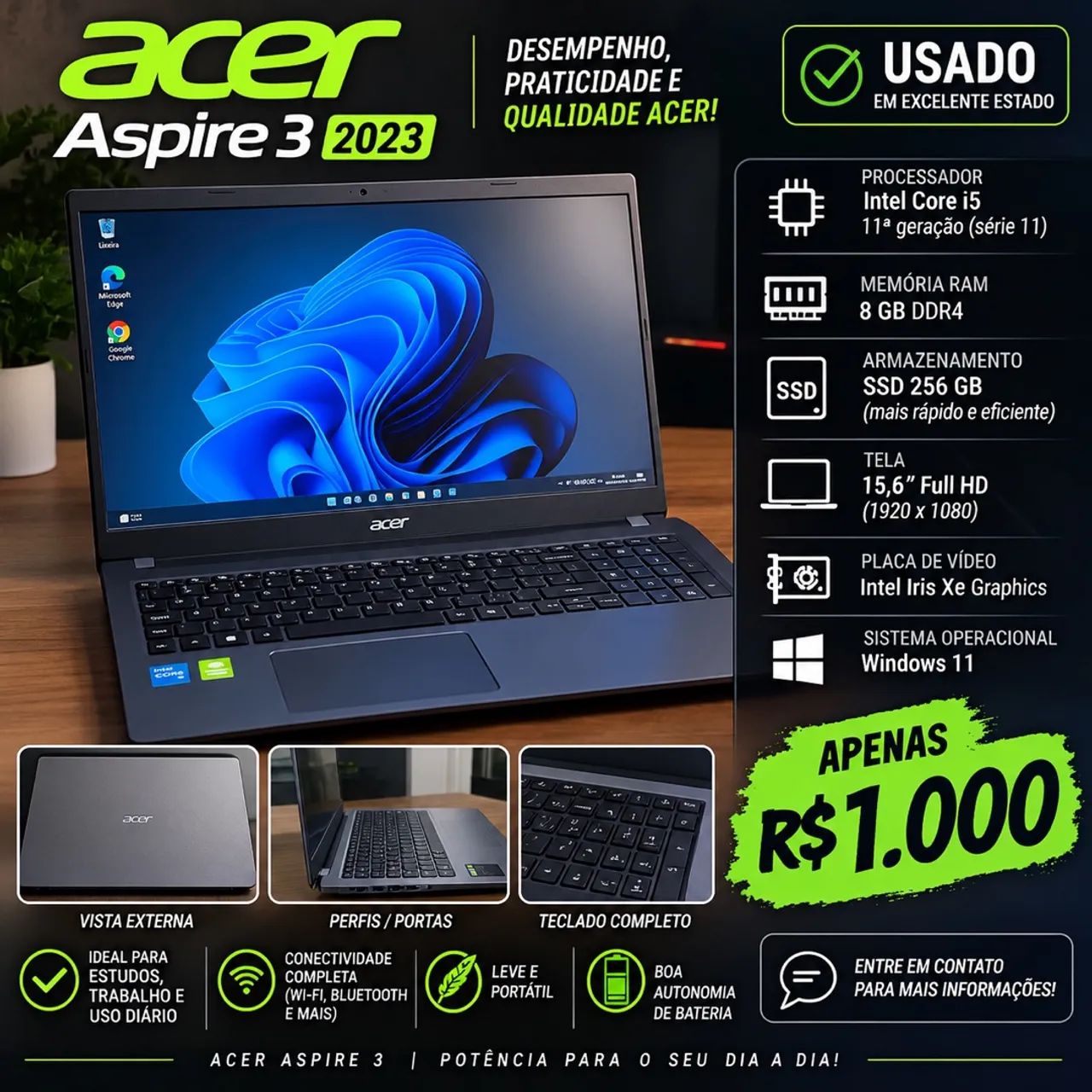 Notebook acer aspire 3 ótimo pra estudo 