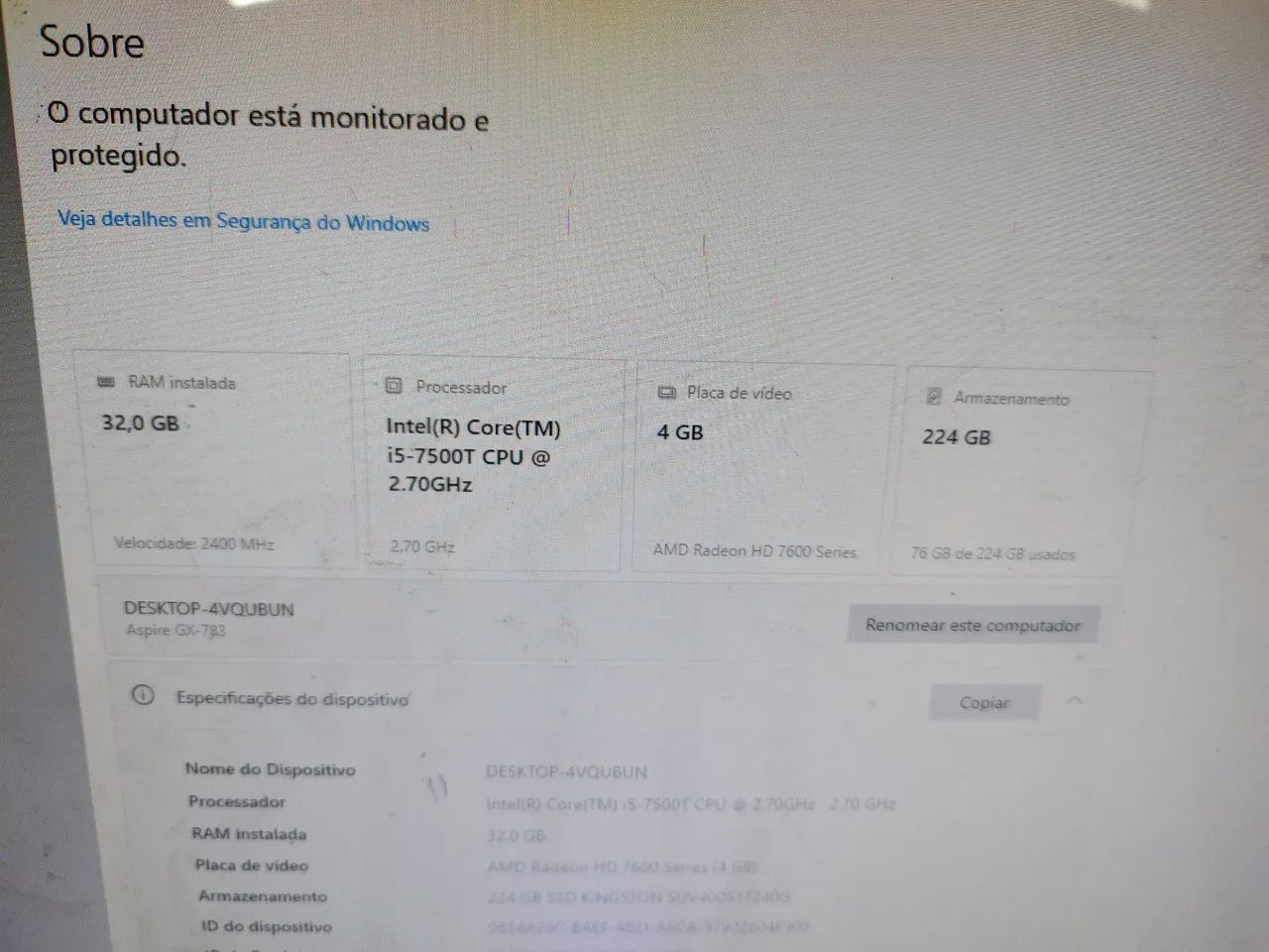 CPU gamer i5 7500t com 32 GB de memória e placa de vídeo 4 gigas 7600 - Foto 4