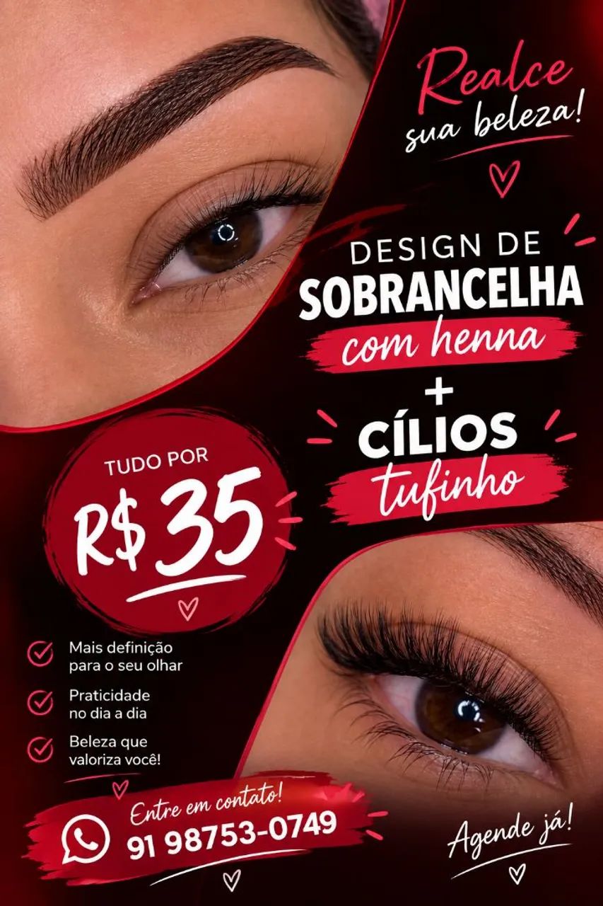 Design de sobrancelhas com henna e cílios tufinho