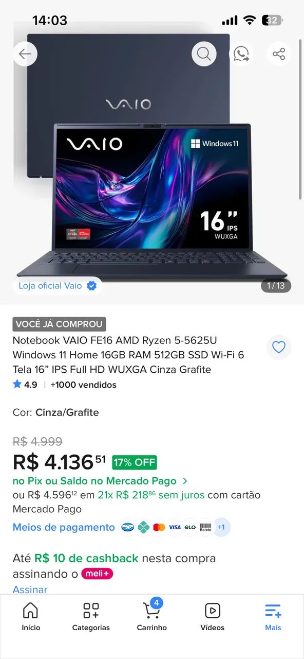 Notebook VAIO 16 RAM 512 GB