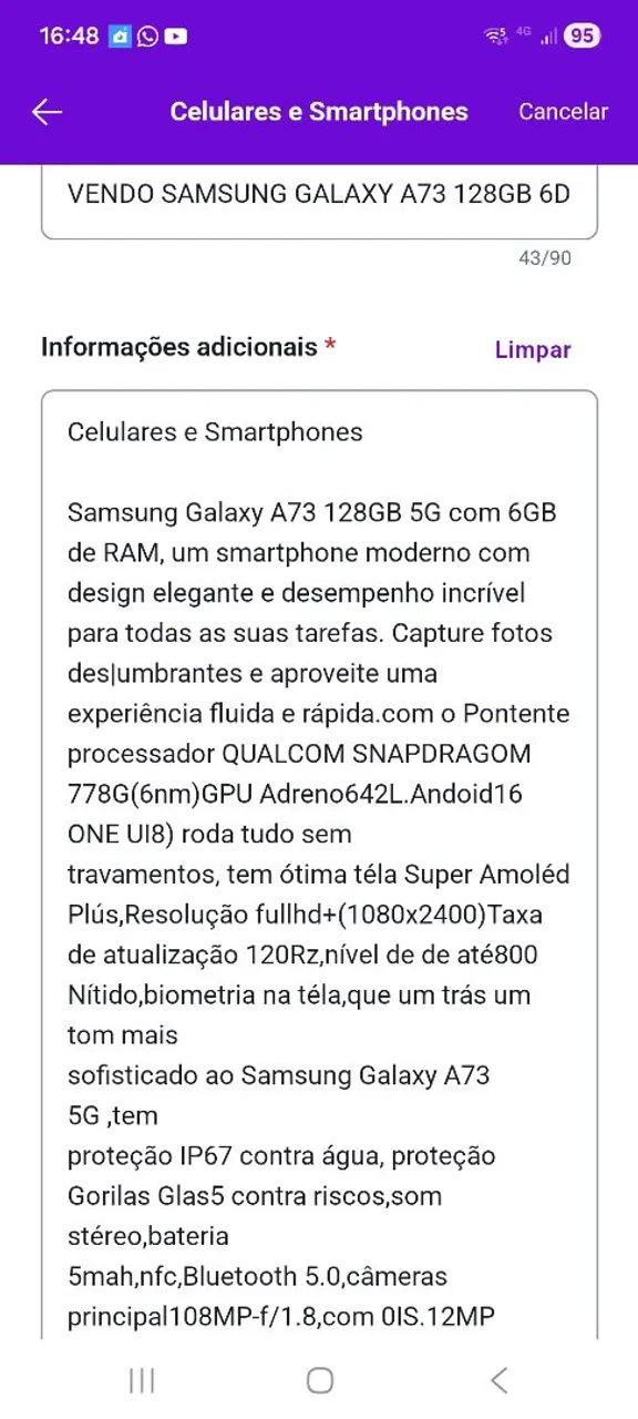 VENDO SAMSUNG GALAXY A73 5G 128GB 6 DE RAM