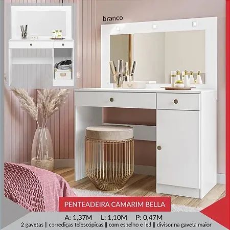 Penteadeira Bella com espelho e Led PROMOÇÃO 