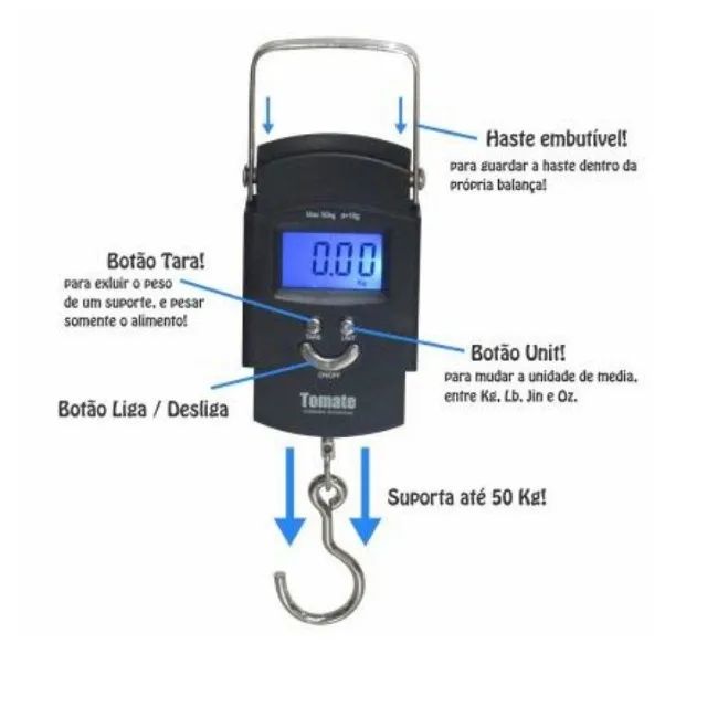 Balança De Mão Digital Alta Precisão P/Pesca e Bagagem 0.1g Até 50KG Tomate STC-02  - Foto 3