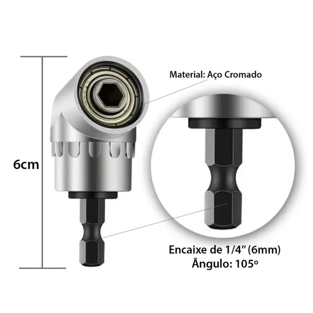 Adaptador Angular Magnético Furadeira Parafusadeira 1/4 Pol 105° Imantado 60mm _ FE148 - Foto 5