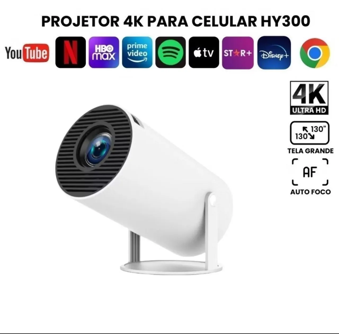 Projetor 4K para celular HY300 - Tela grande e foco automático!