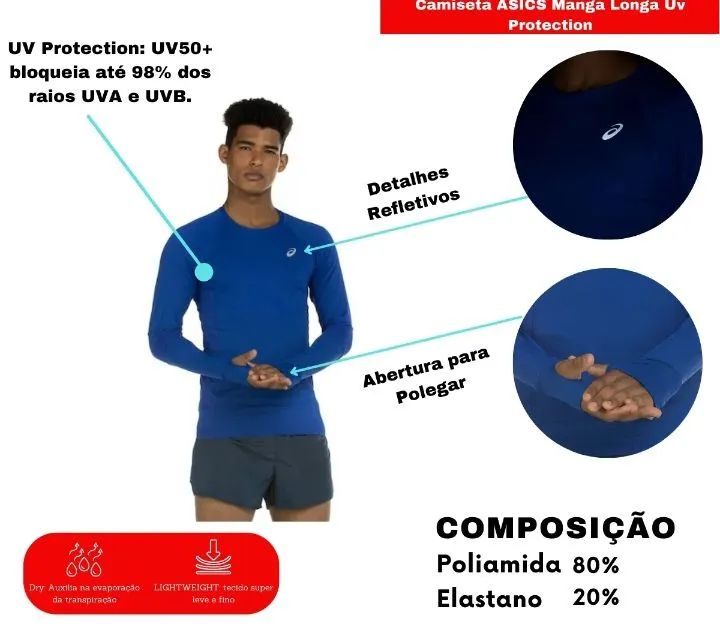 Camisa manga longa ASICS proteção UV com dedeira  - Foto 2