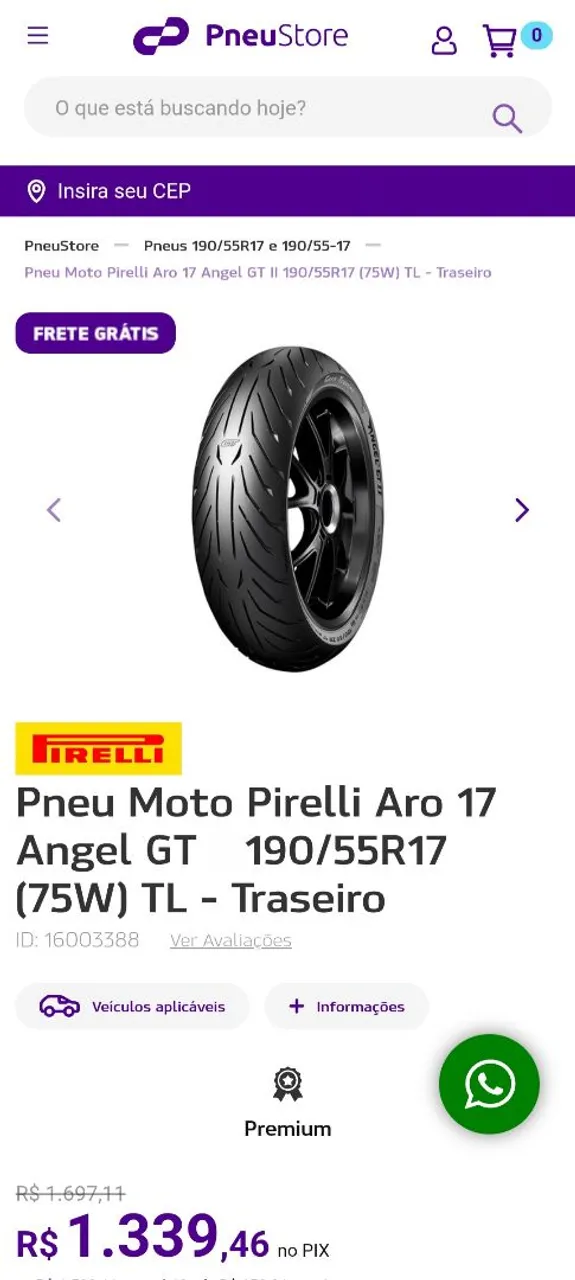 Pneu traseiro Pirelli Angel GT - 190/55/R17