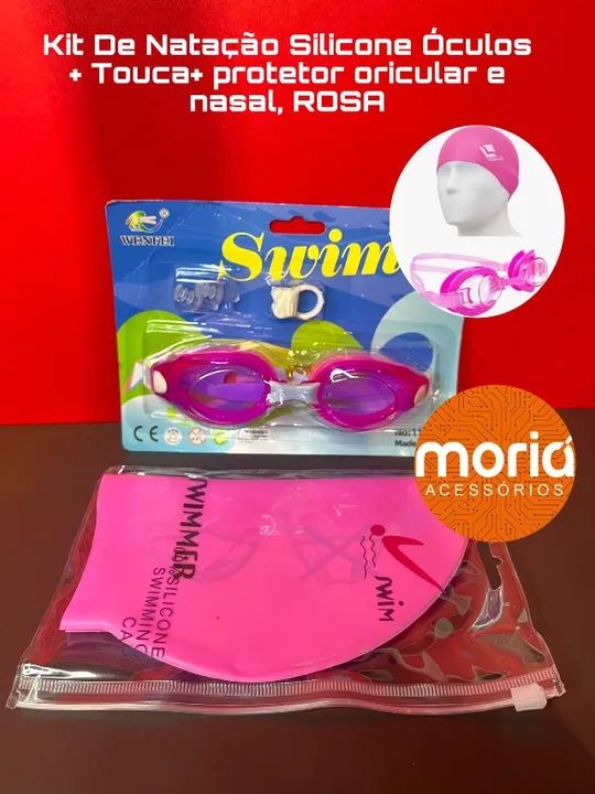 Kit De Natação Silicone Óculos + Touca+ protetor oricular e nasal, azul e Rosa  - Foto 3