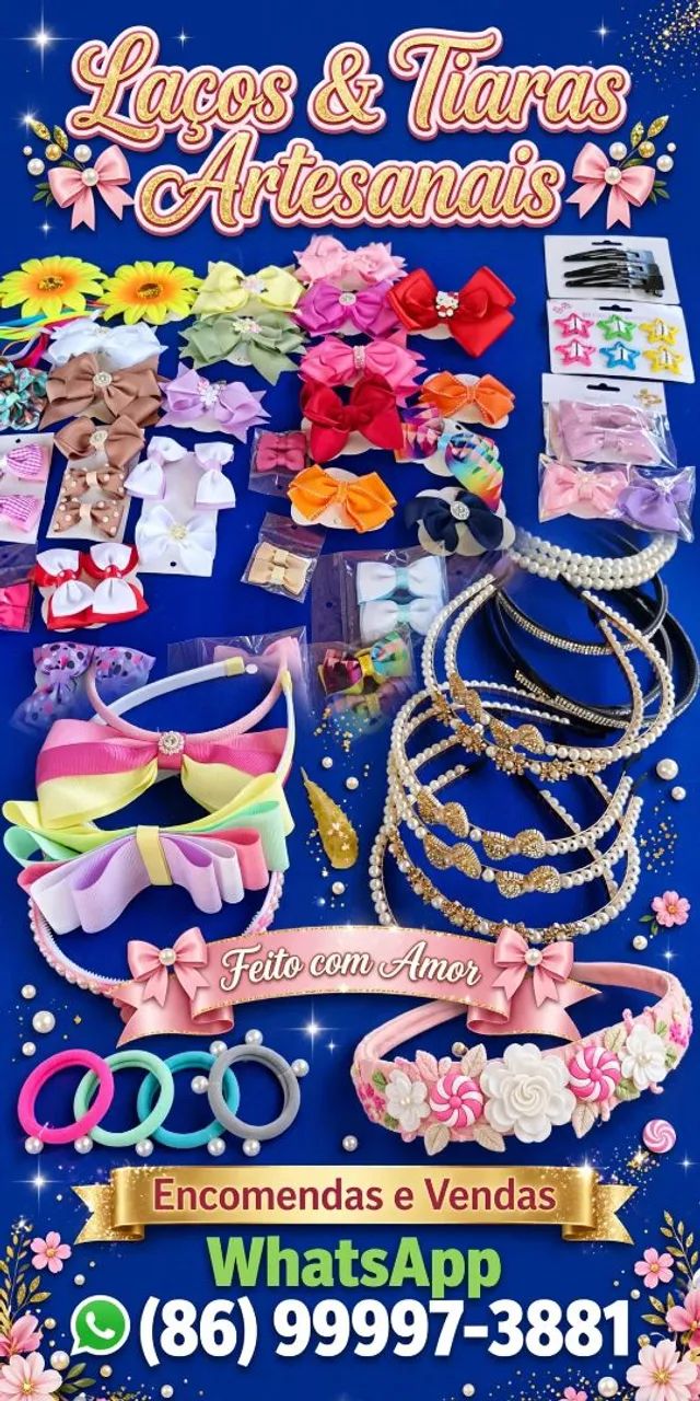 Tiaras, laços e acessórios para cabelos.