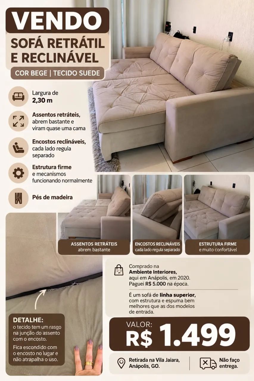 Sofá retrátil e reclinável 2,30 m