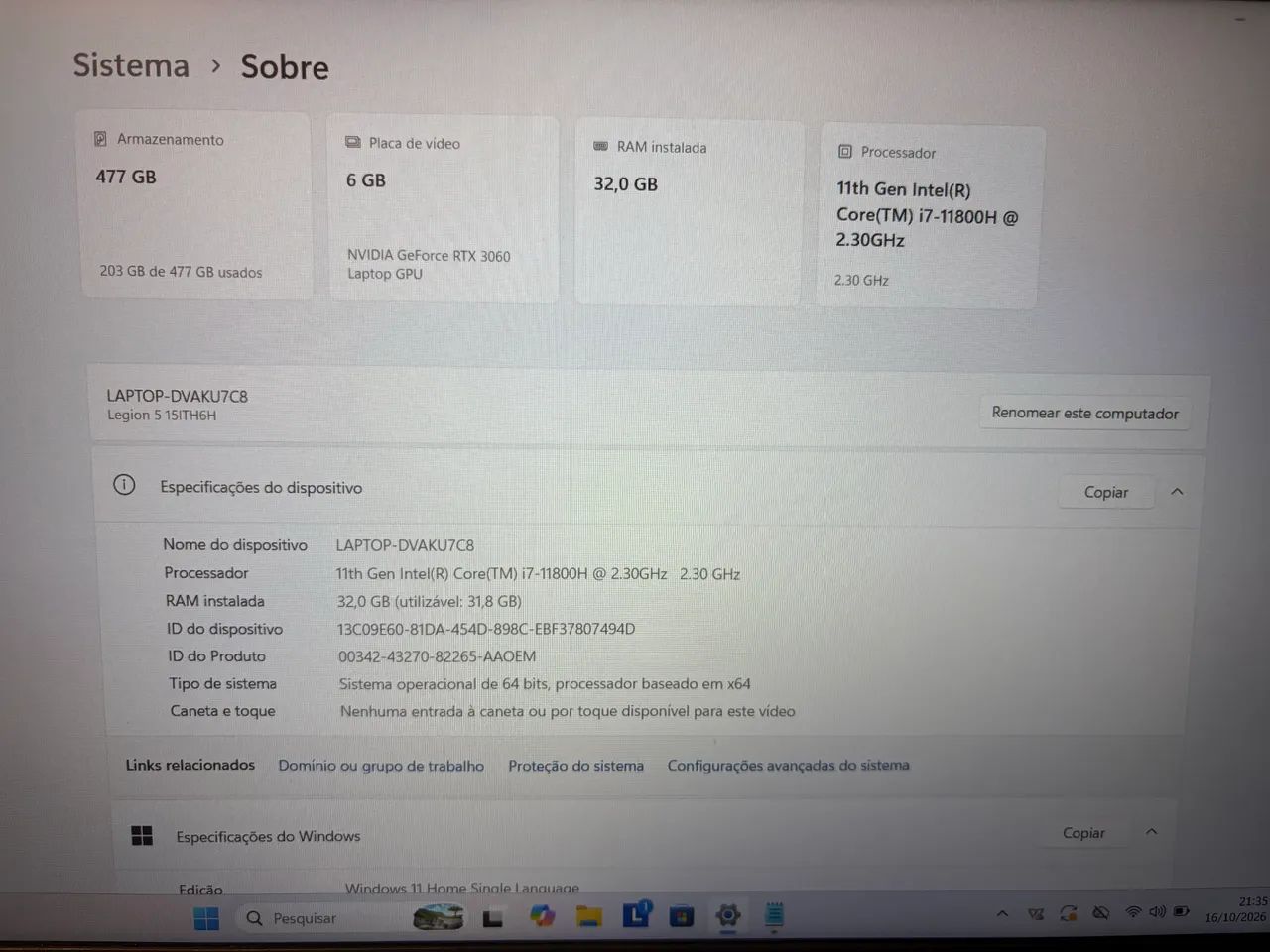 Legion 5i RTX 3060 32GB i7 - Foto 2