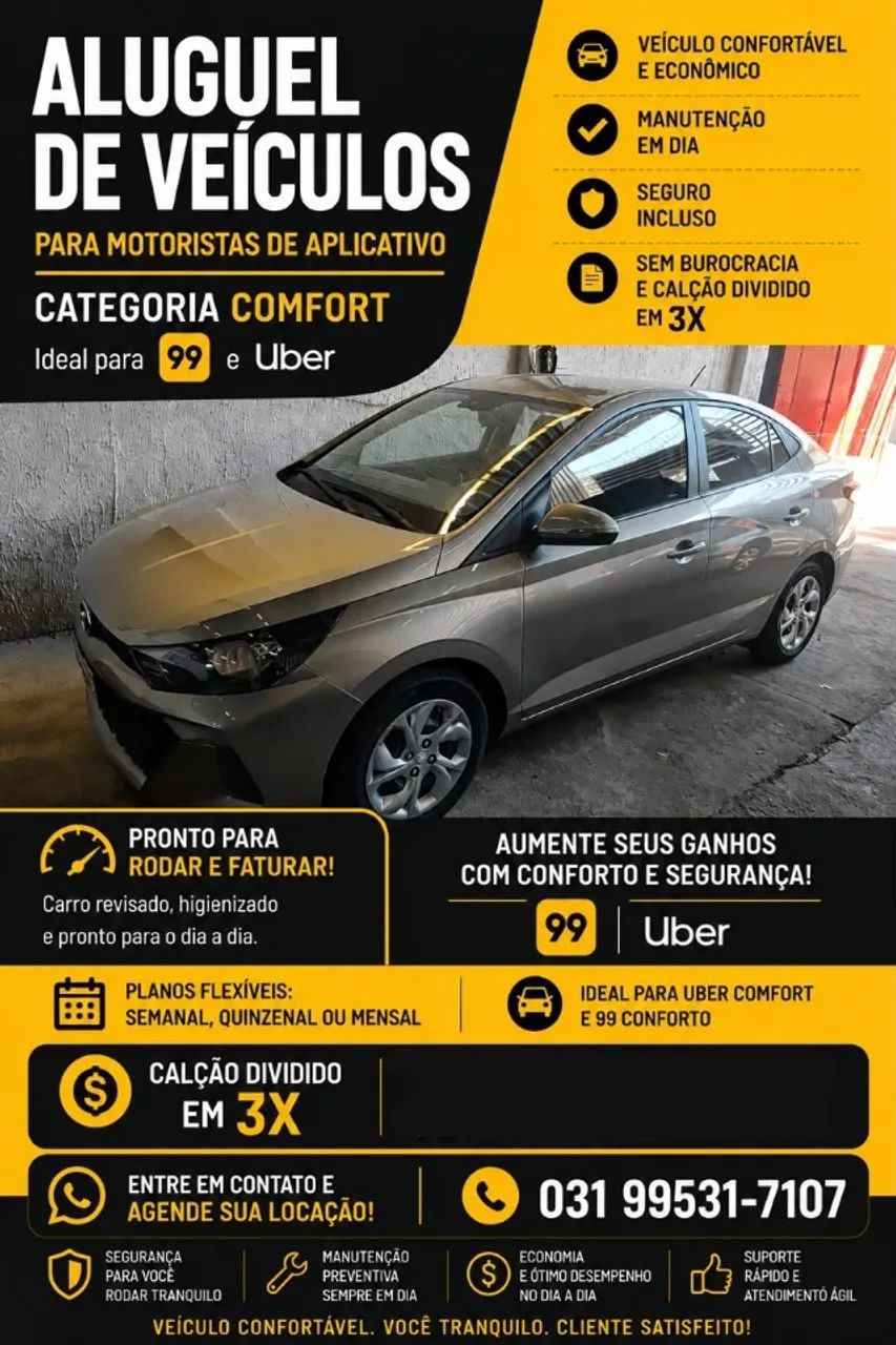 Aluguel de carro para motorista de APP uber, 99
