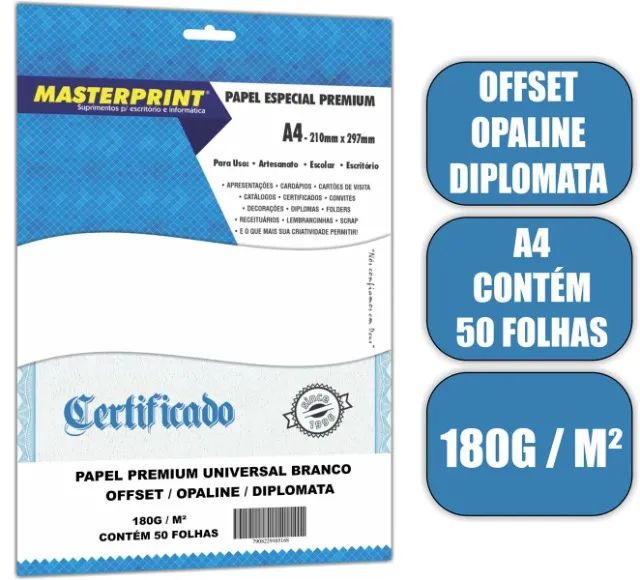 PAPEL OFFSET OPALINE DIPLOMATA MASTERPRINT A4 50 FOLHAS 180G - Foto 3
