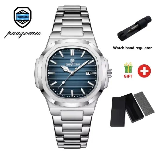 Relógio Paazomu Silver Blue Elegante C/ caixa + chave para ajuste de pulseira