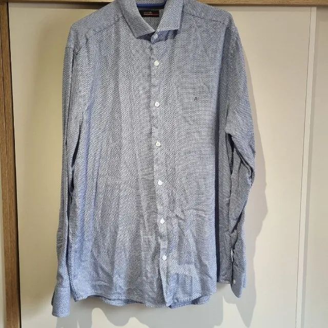 camisa social amaris manga longa azul quadriculado branco - Foto 4