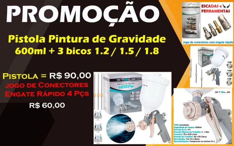 Pistola Pintura Gravidade 600ml+3 Bicos 1.2/1.5/1.8