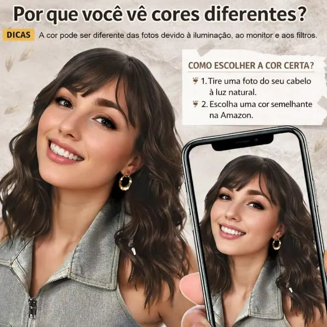 Peruca Bob Ondulada Marrom Natural - Cachos Sintéticos com Franja - Foto 5