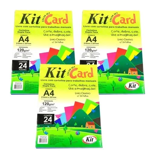 3 Kit card, 24 cartolina dupla face tamanho A4 coloridas, acompanha livro criativo. 