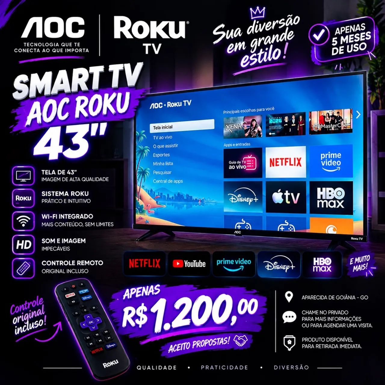 OPORTUNIDADE! SMART TV AOC ROKU 43 - ESTADO DE NOVA 