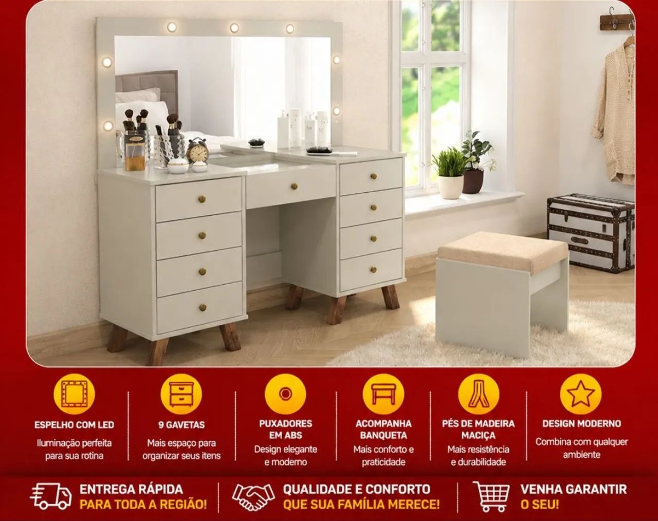 Penteadeira com led moderna super espaçosa 100%MDF