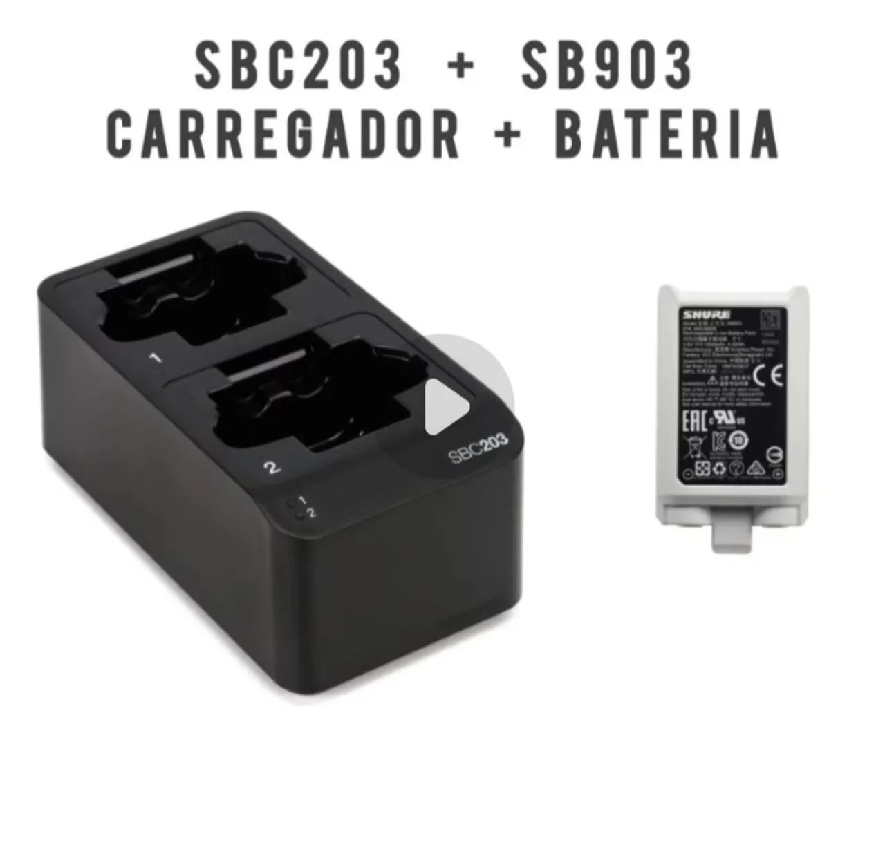 Carregador Duplo + Bateria, Para Microfone Sem Fio SHURE SLXD