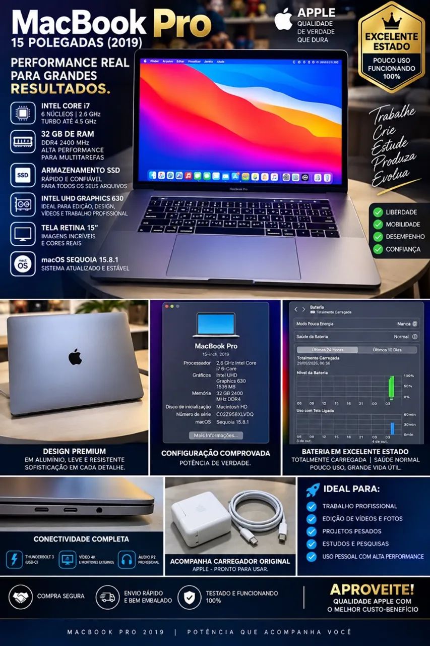 MACBOOK PRO 15 2019 ? I7 ? 32 GB ? SSD ? IMPECÁVEL