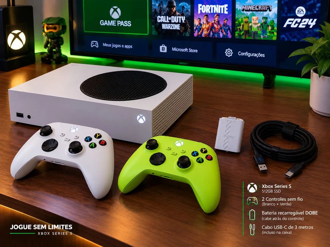 Xbox Series S - Com 2 Controles - Bateria e Cabo de 3m
