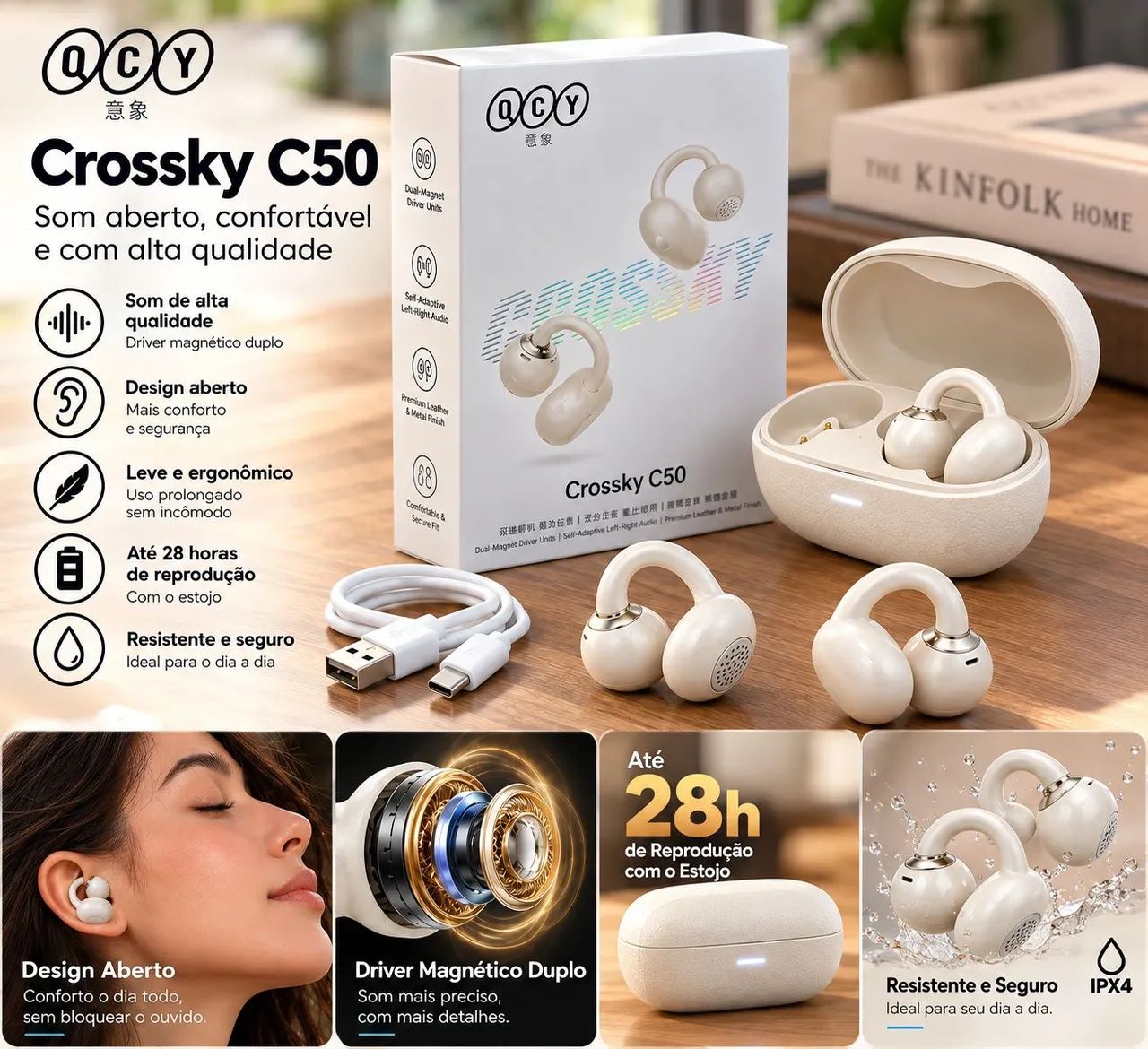 Fone Bluetooth QCY Crossky C50 Open Ear Sem Fio Branco