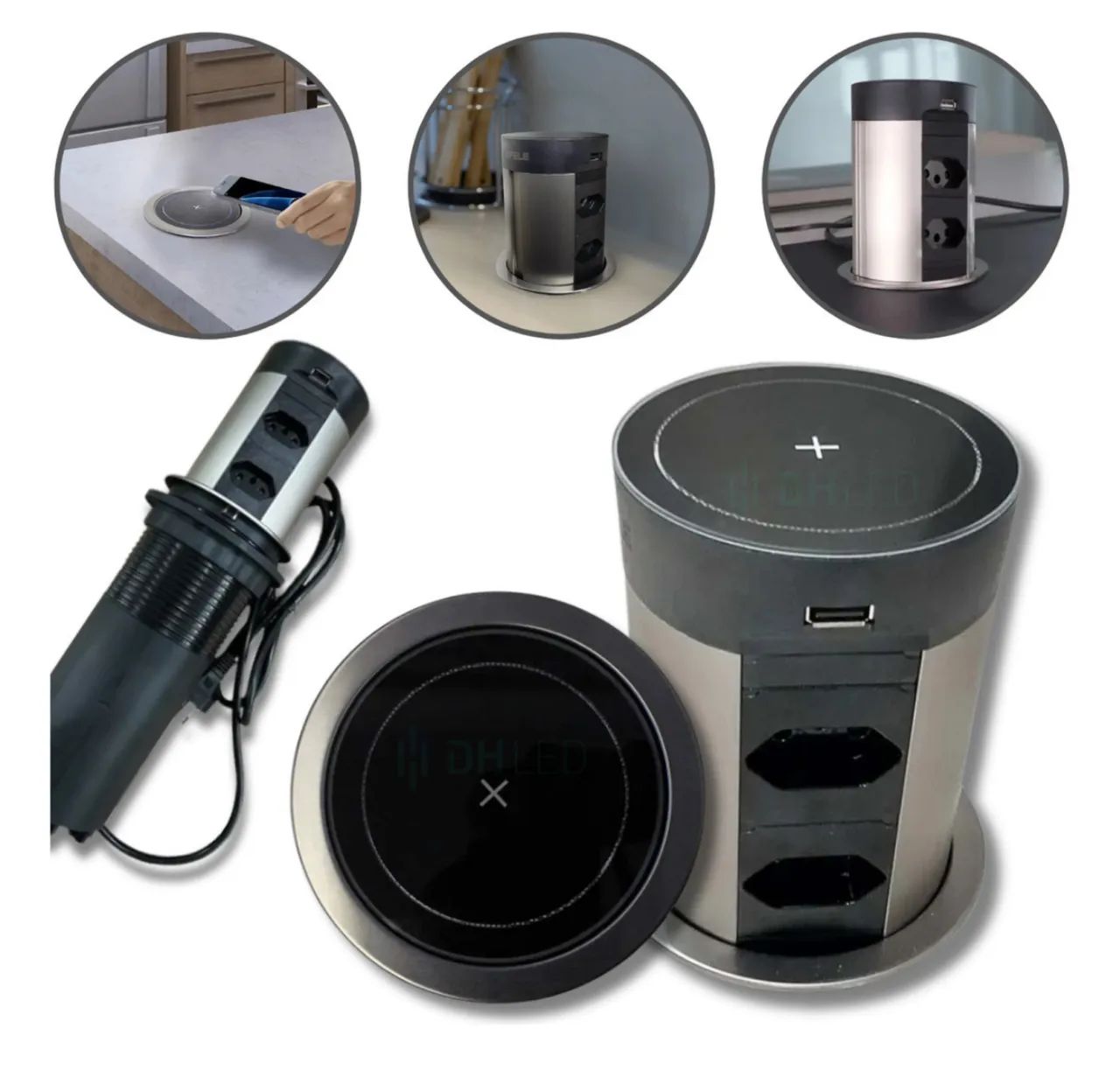 Häfele Powerdock H5 Recessed Tower with 4 Sockets, 2 USB Inductive Charging Ports, Black, 20A