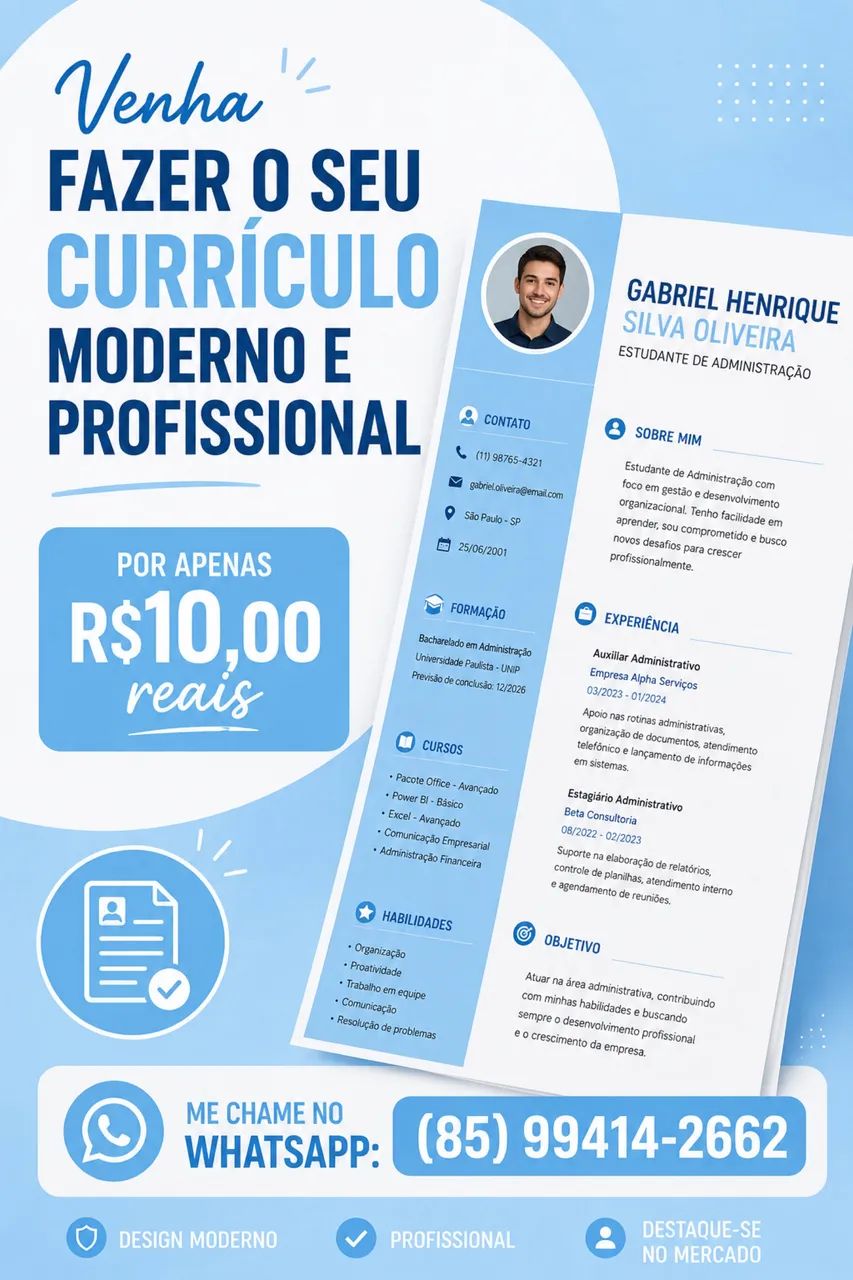 Currículos Modernos e Profissionais R$10,00