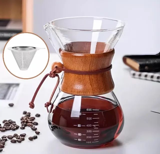 Cafeteira Método Chemex 800 ml Gola Madeira e Couro Legítimo com Filtro de Café Inox
