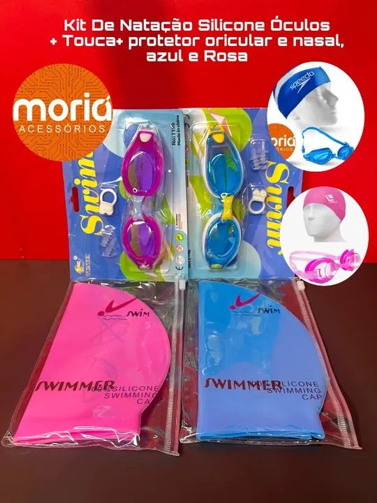 Kit De Natação Silicone Óculos + Touca+ protetor oricular e nasal, azul e Rosa 