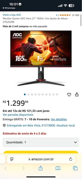 Monitor Gamer AOC Hero 27'' 165Hz 1ms - Novo - Foto 2