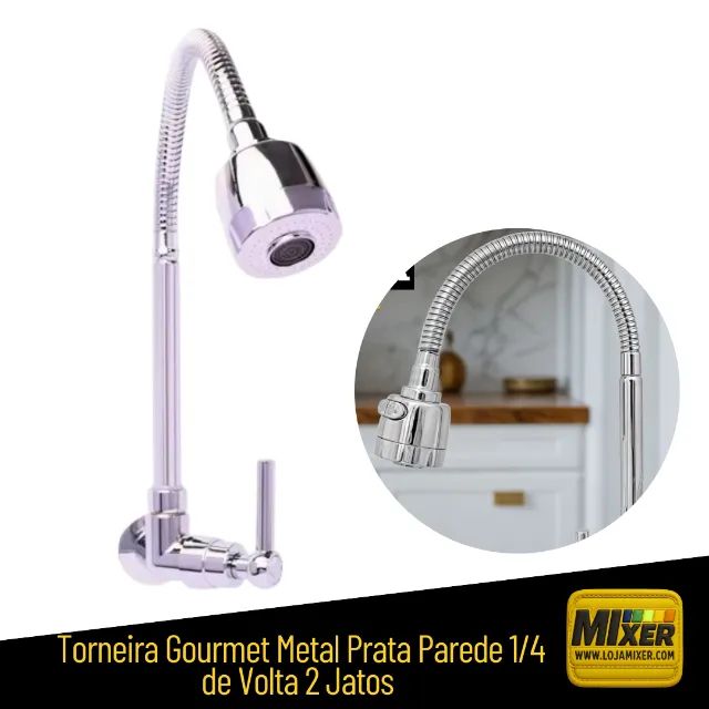 Torneira Gourmet Metal Prata Parede 1/4 de Volta 2 Jatos _ CS167