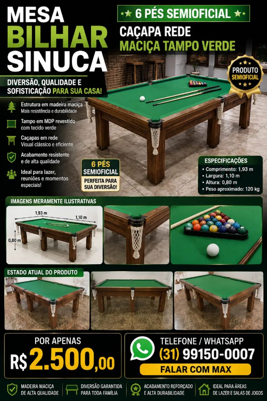 Mesa de Bilhar Sinuca 6 Pés SemiProfissional