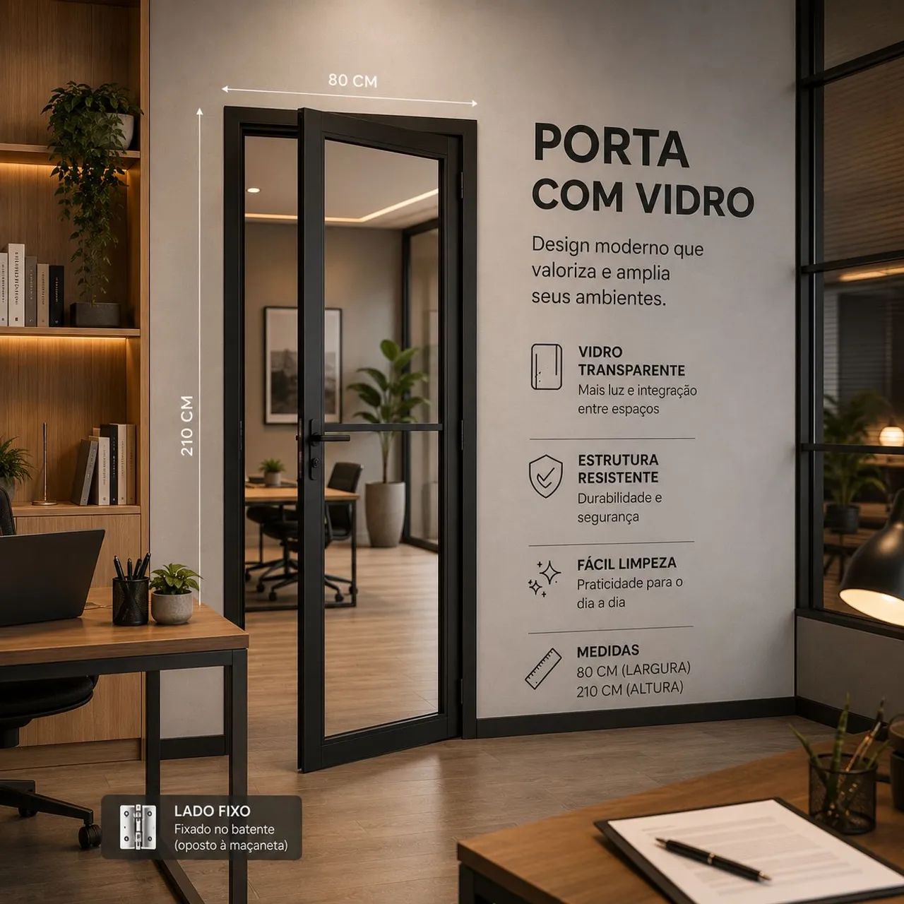 PORTA COM VIDRO PRETA 80x210 | LINHA PREMIUM | DIRETO DA FÁBRICA