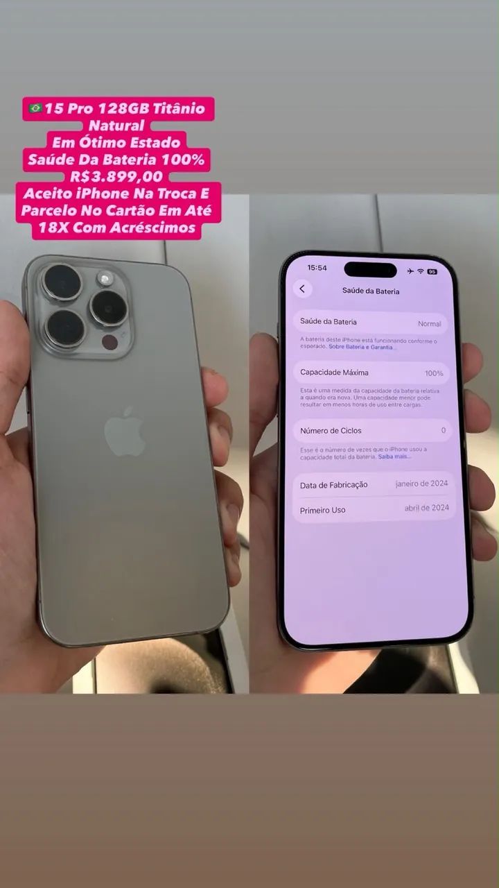 iPhone 15 Pro 128GB Titânio Natural - Saúde Da Bateria 100% (Usado)