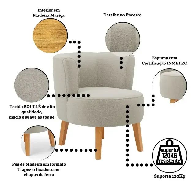 Poltrona Elegante Tecido Boucle Macia Para Sala De Jantar - Foto 4