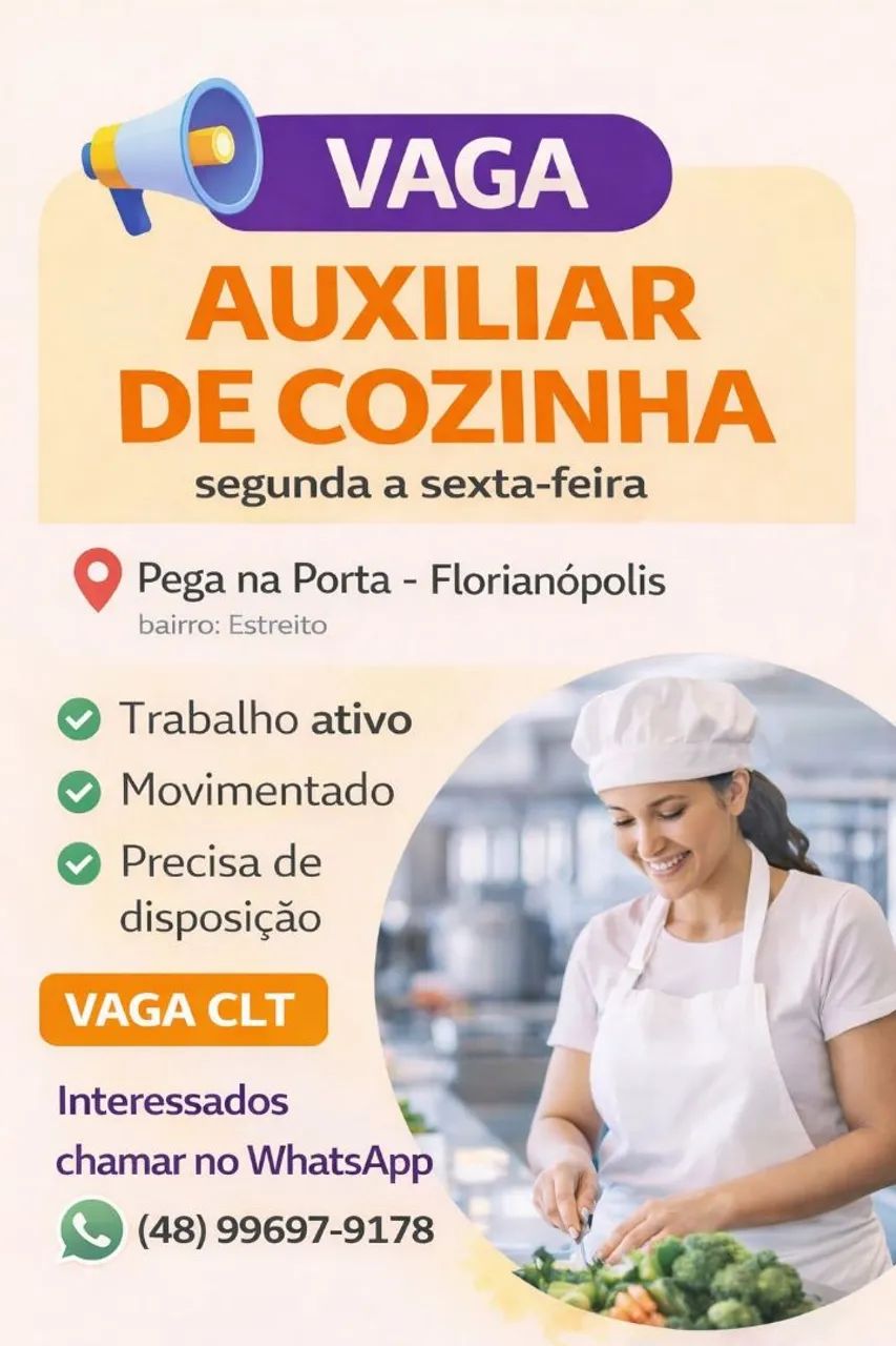 Vaga: CLT auxiliar de cozinha - seg a sex