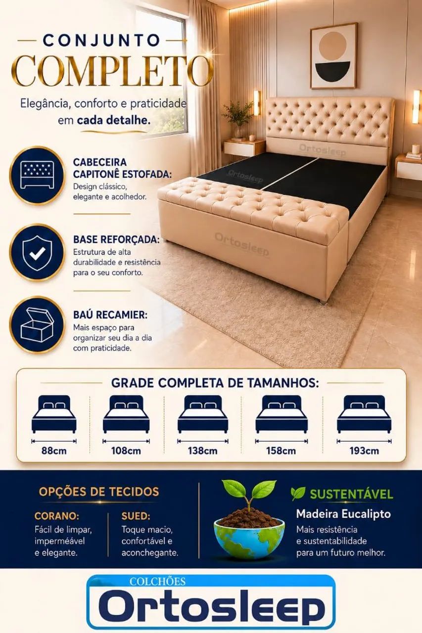 Kit com cabeceira base reforçada e recamier Queen size 
